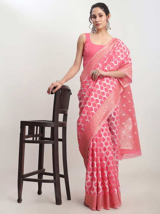 Janasya Peach Linen Blend Geometric Jacquard Grab2Buy 