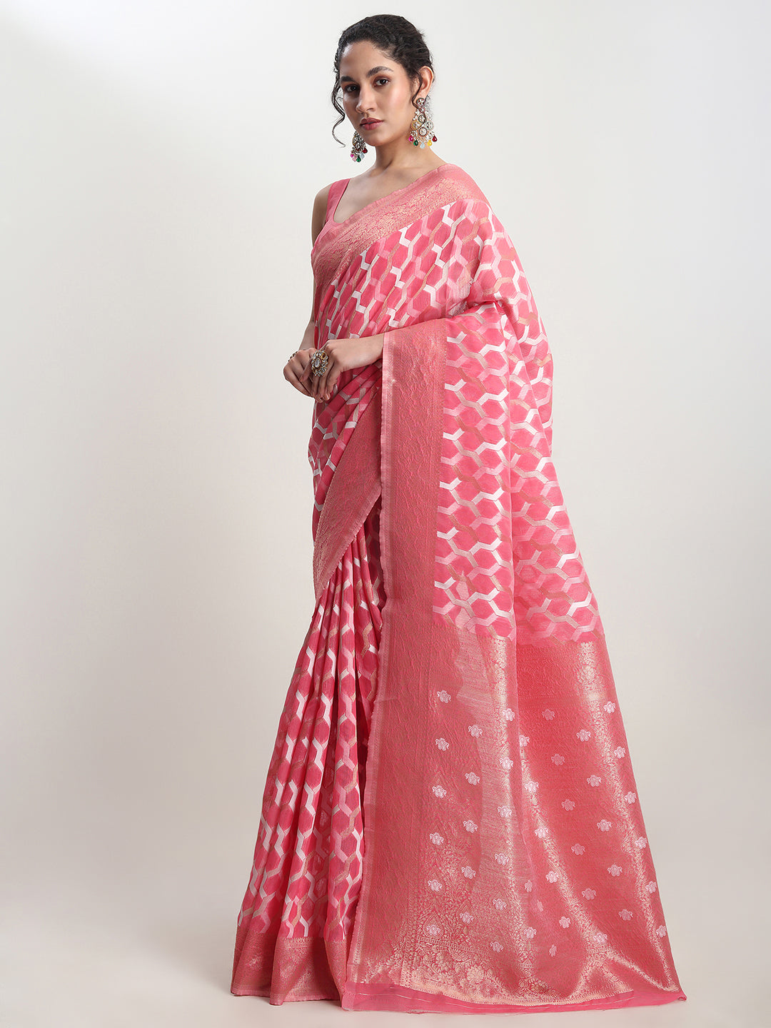 Janasya Peach Linen Blend Geometric Jacquard Grab2Buy 