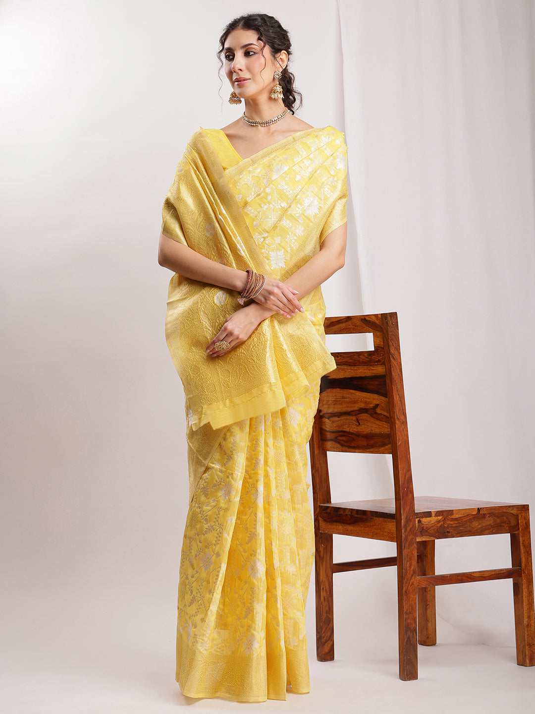 Janasya Yellow Linen Blend Geometric Jacquard Grab2Buy 