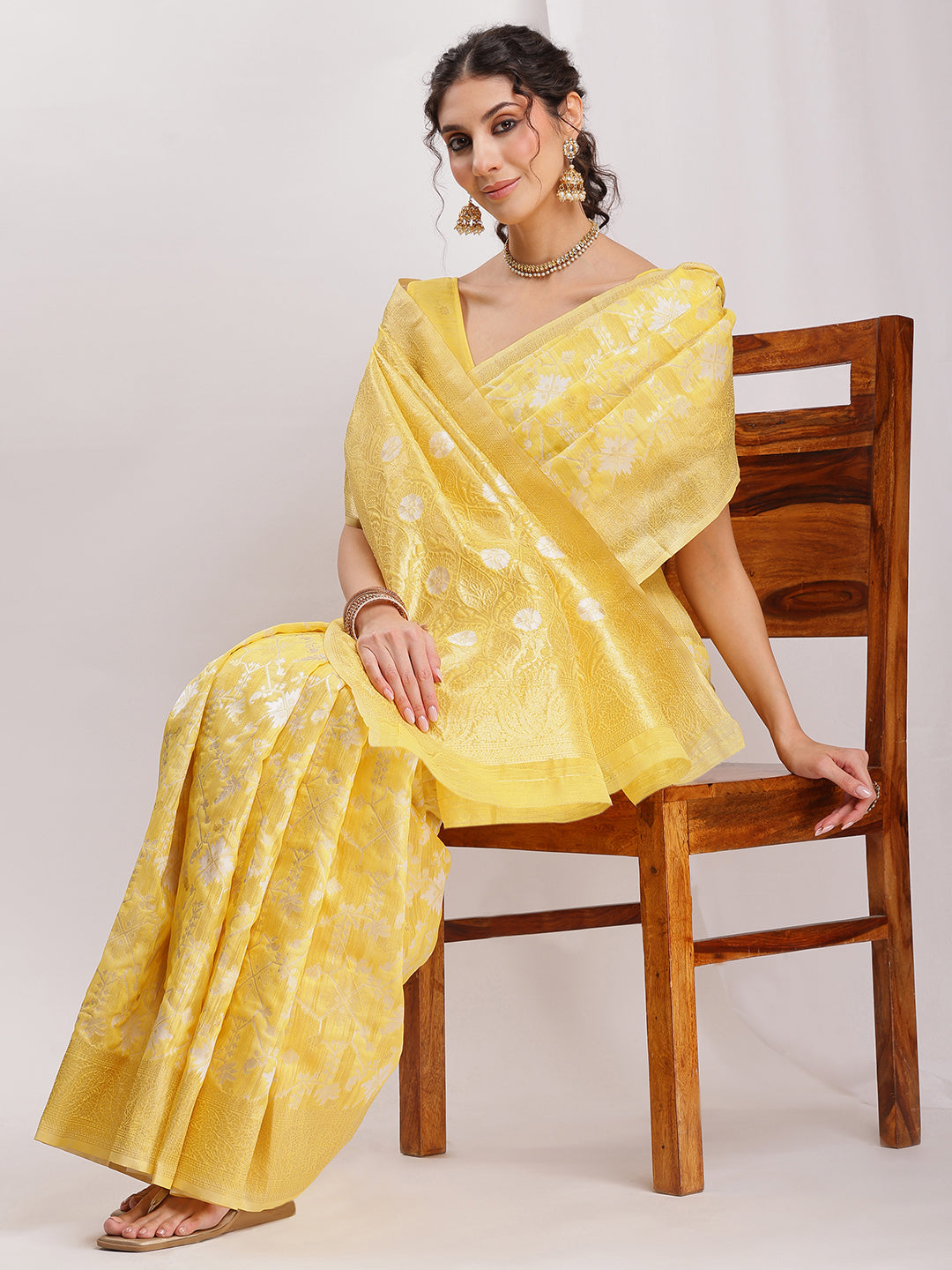 Janasya Yellow Linen Blend Geometric Jacquard Grab2Buy 
