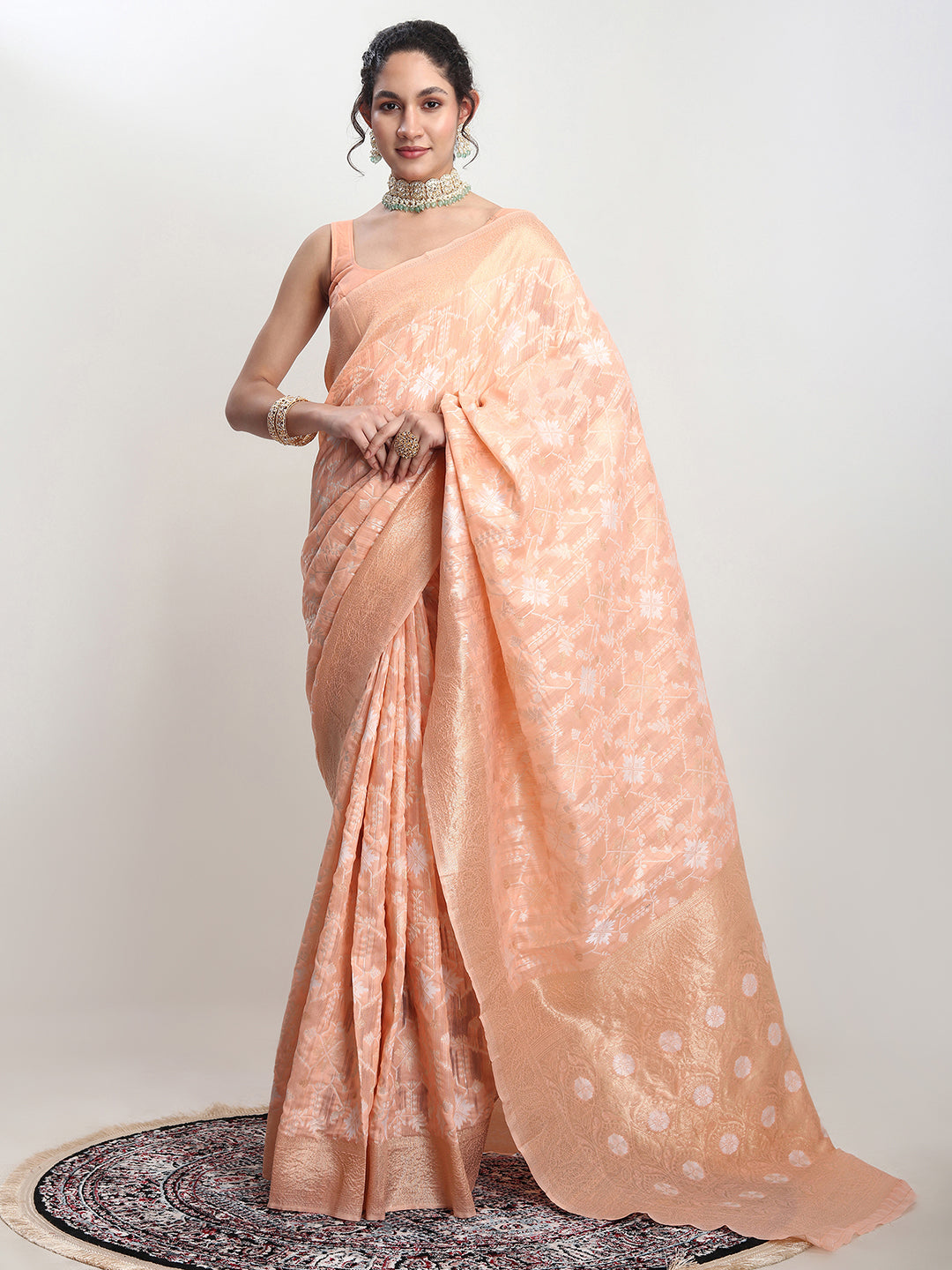 Janasya Orange Linen Blend Geometric Jacquard Grab2Buy 