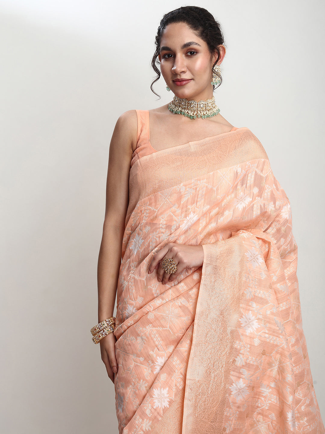 Janasya Orange Linen Blend Geometric Jacquard Grab2Buy 