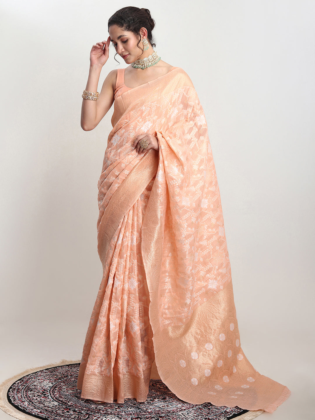 Janasya Orange Linen Blend Geometric Jacquard Grab2Buy 