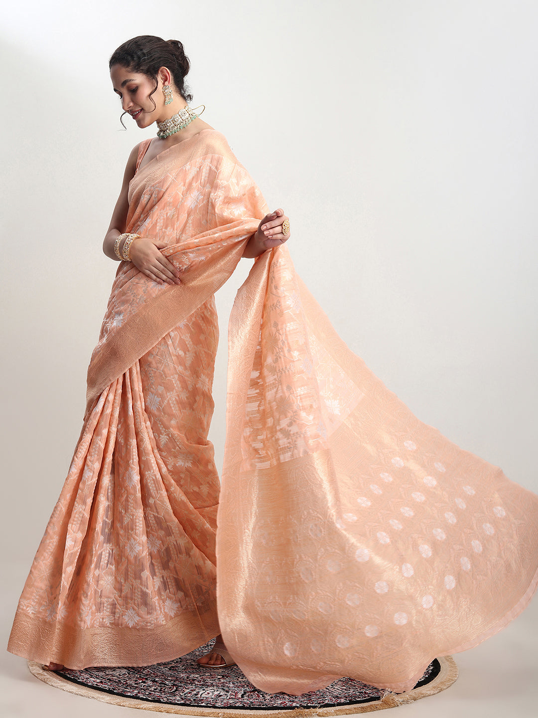 Janasya Orange Linen Blend Geometric Jacquard Grab2Buy 