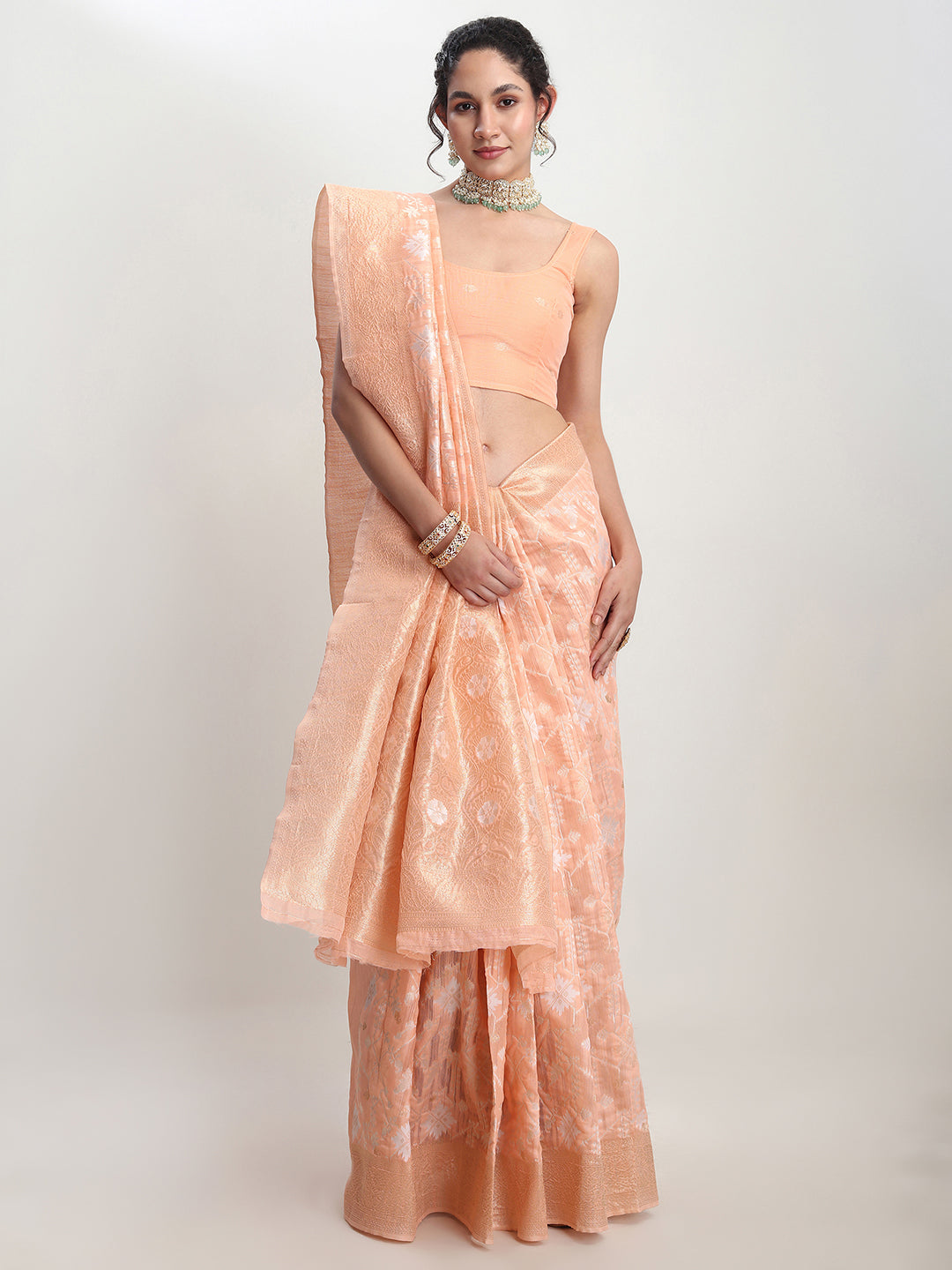 Janasya Orange Linen Blend Geometric Jacquard Grab2Buy 