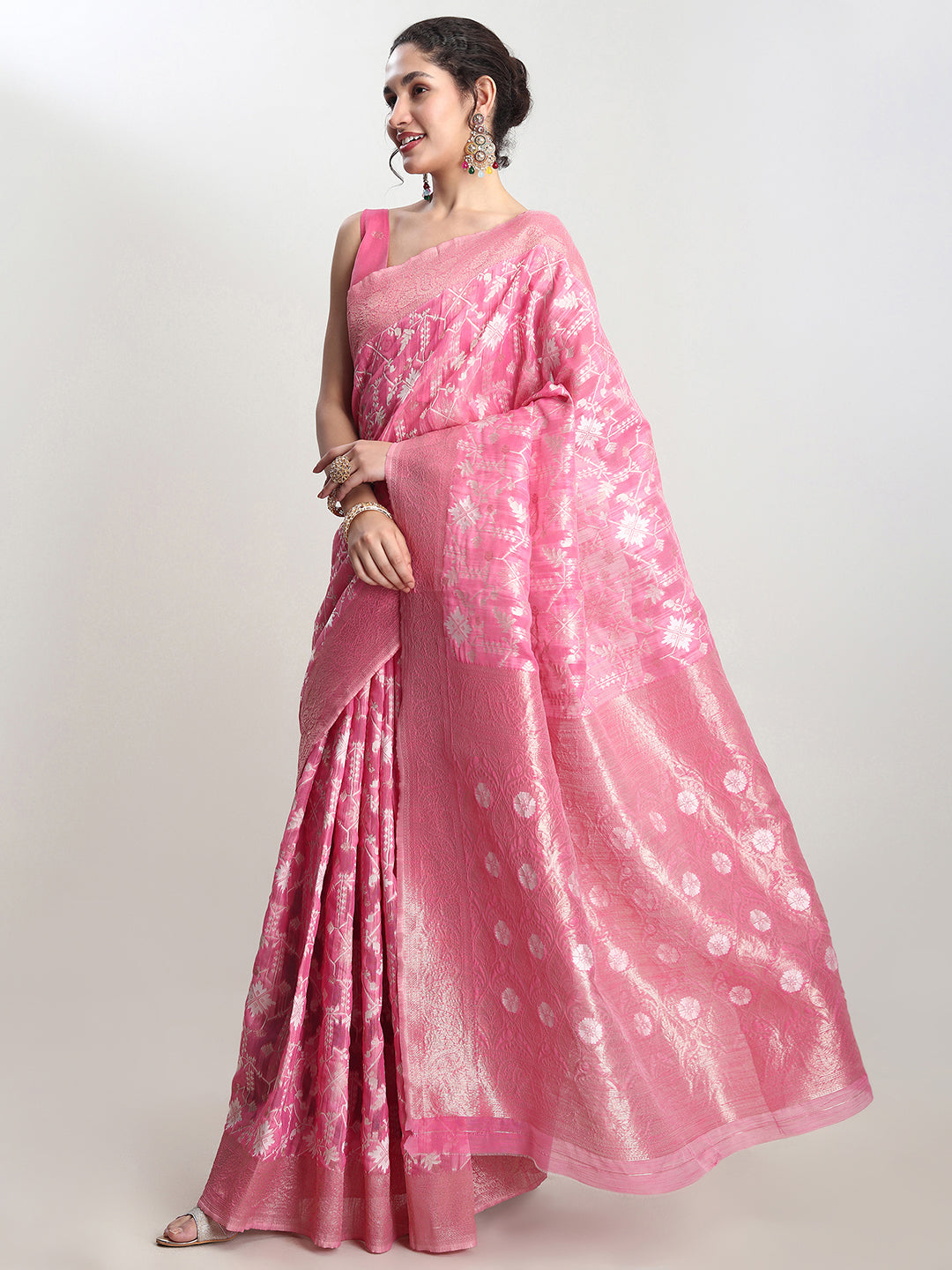 Janasya Pink Linen Blend Geometric Jacquard Grab2Buy 