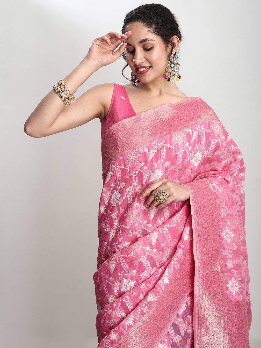 Janasya Pink Linen Blend Geometric Jacquard Grab2Buy 
