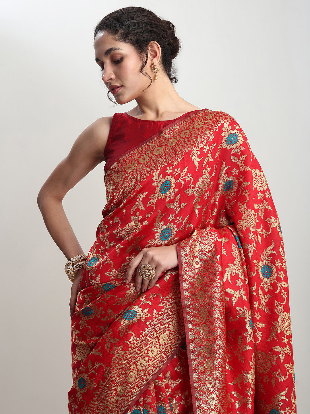 Janasya Red Silk Blend Floral Jacquard Grab2Buy 