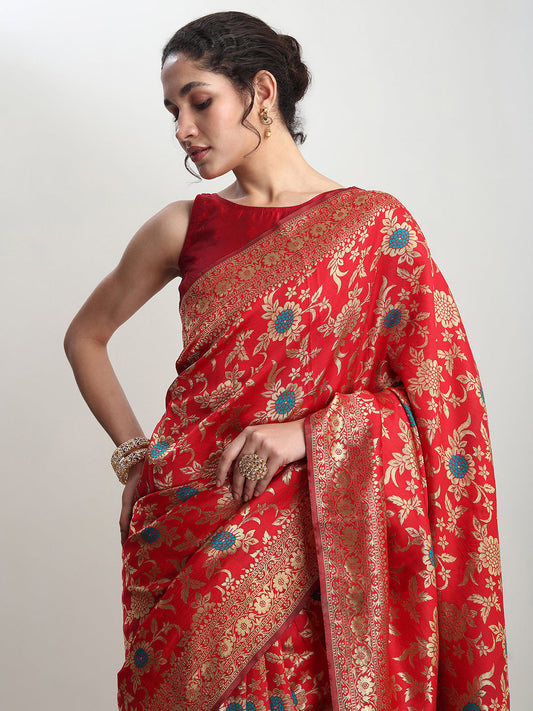 Janasya Red Silk Blend Floral Jacquard Grab2Buy 