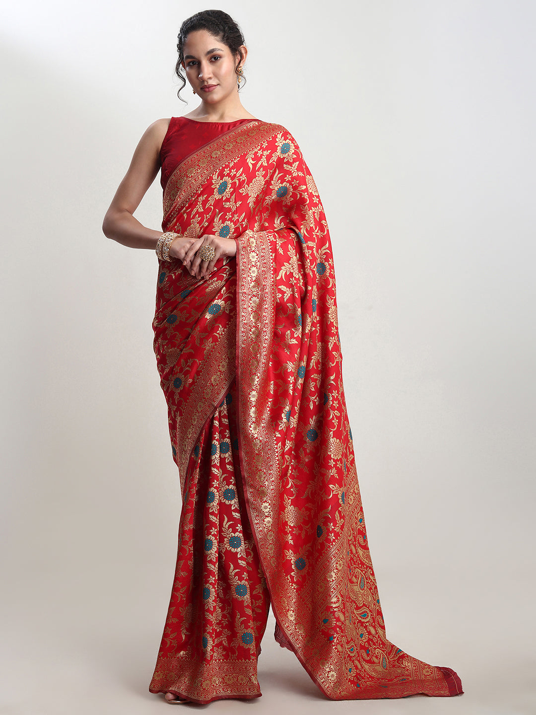 Janasya Red Silk Blend Floral Jacquard Grab2Buy 