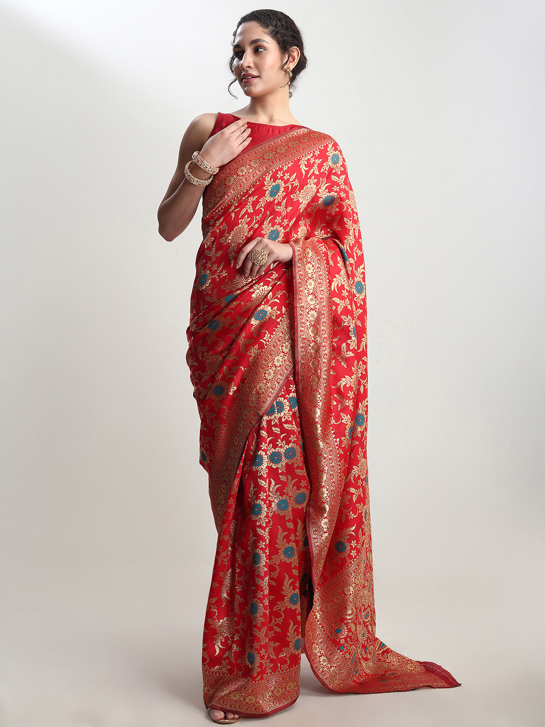Janasya Red Silk Blend Floral Jacquard Grab2Buy 
