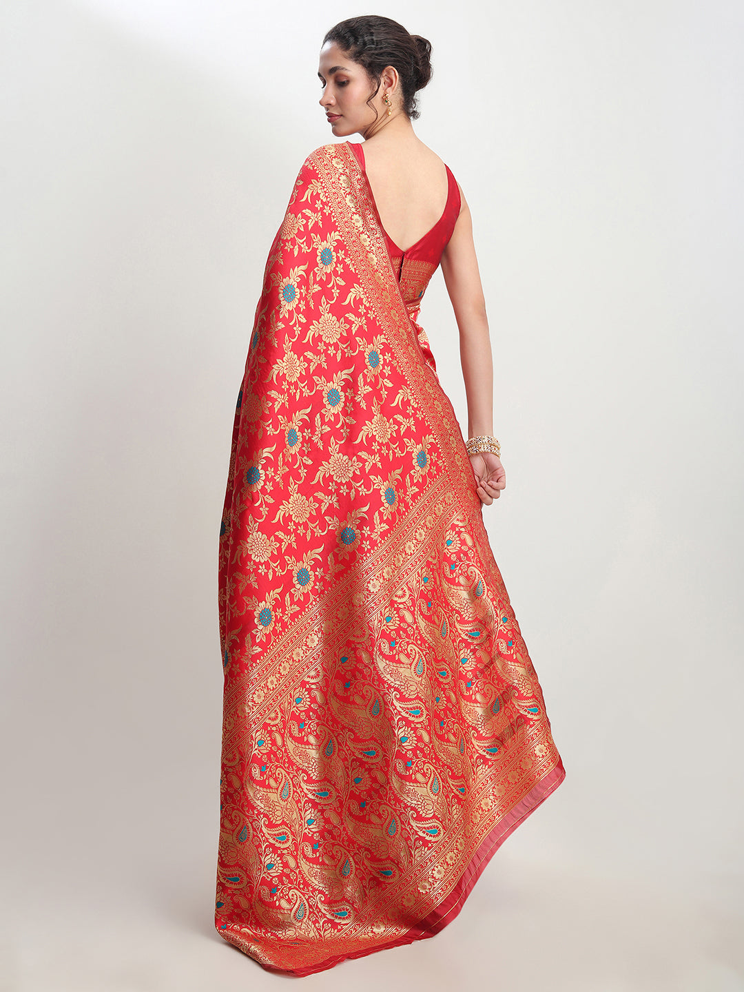 Janasya Red Silk Blend Floral Jacquard Grab2Buy 