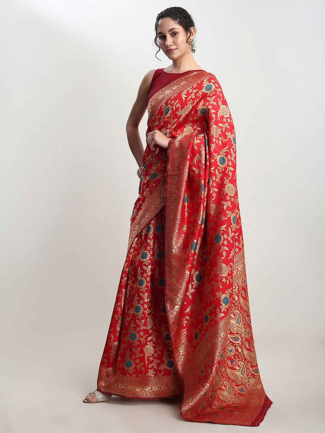 Janasya Red Silk Blend Floral Jacquard Grab2Buy 