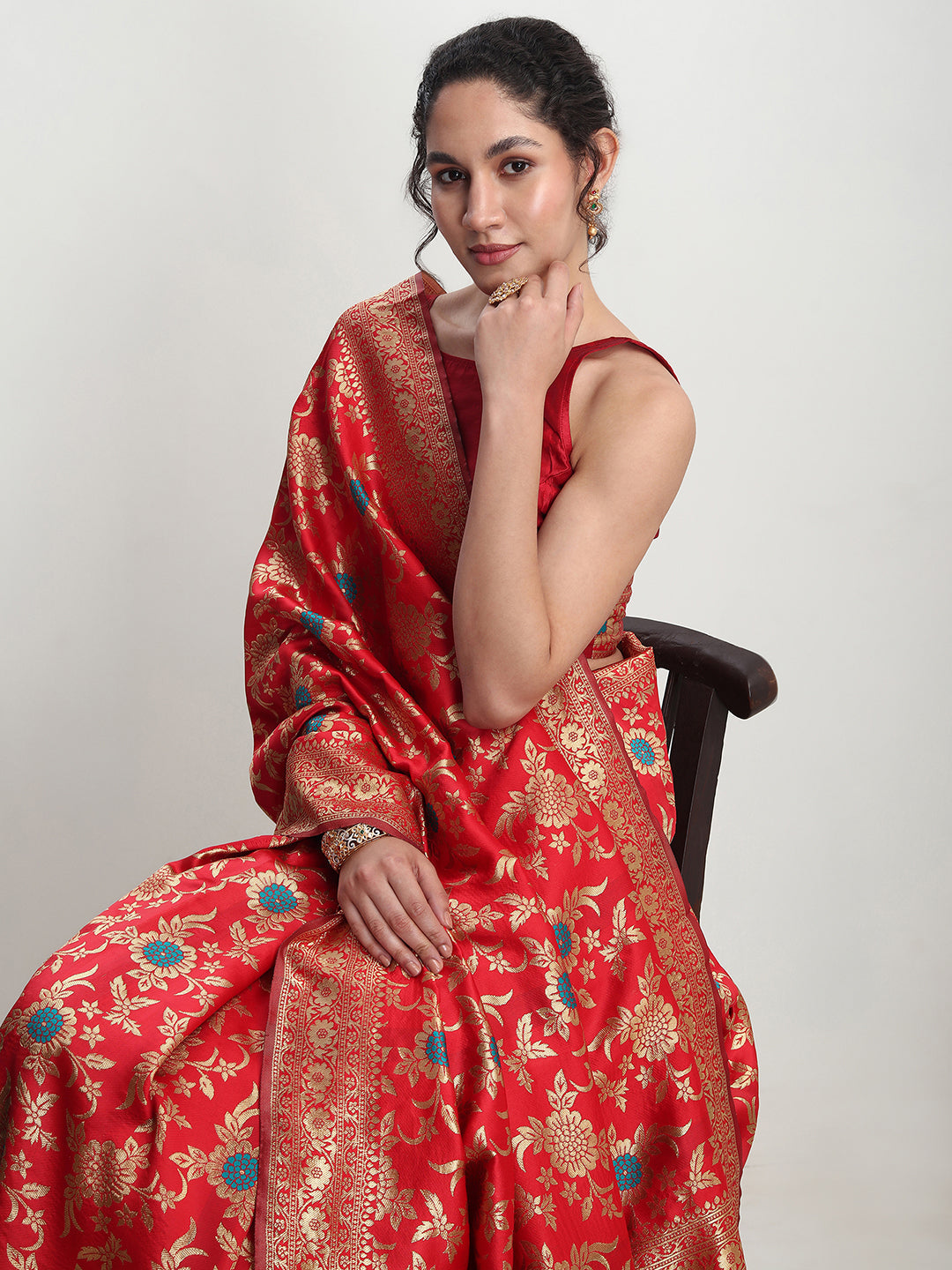 Janasya Red Silk Blend Floral Jacquard Grab2Buy 