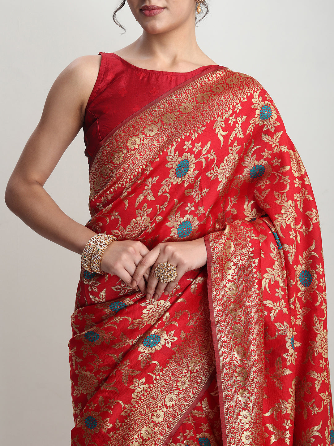Janasya Red Silk Blend Floral Jacquard Grab2Buy 