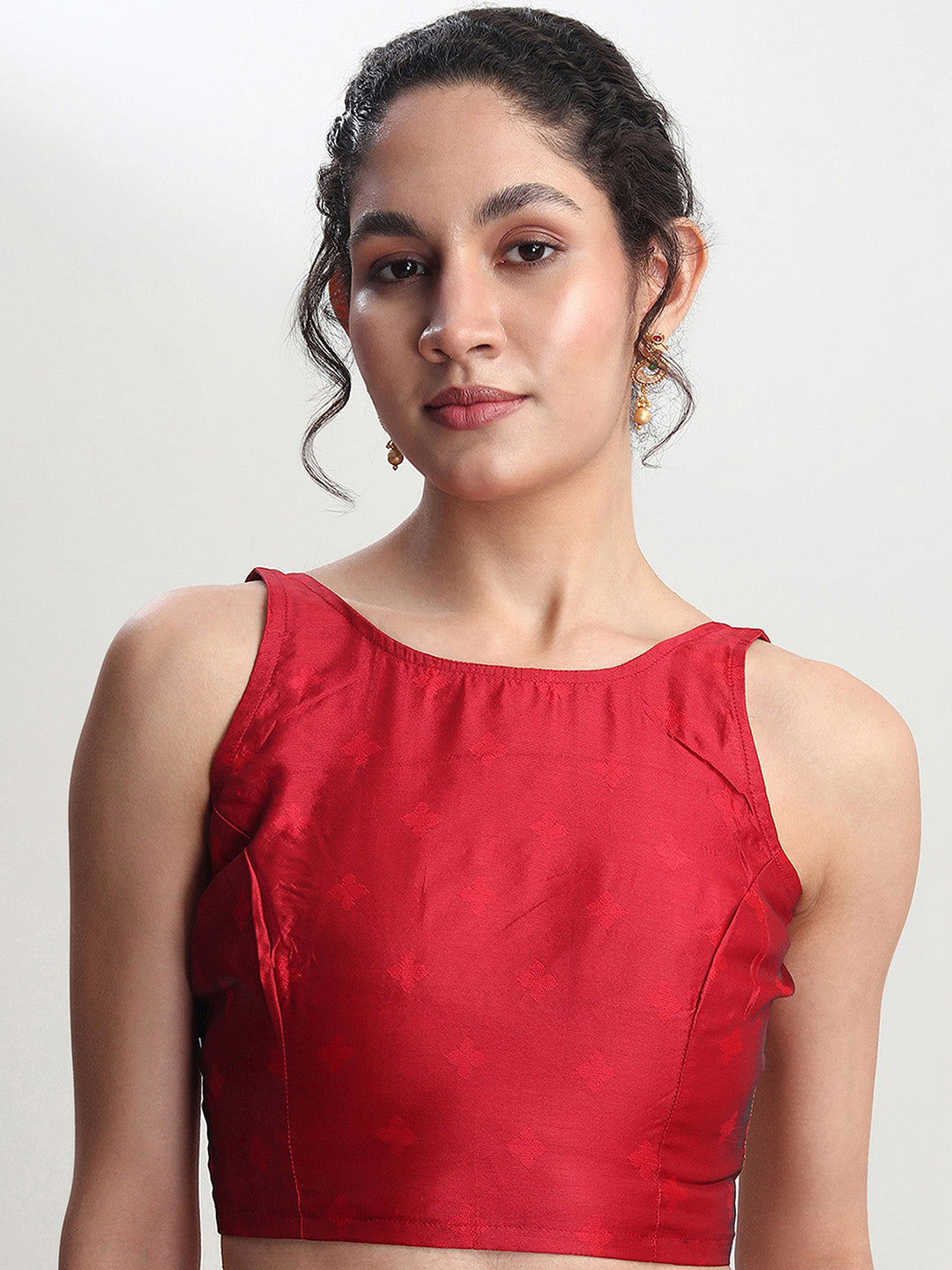 Janasya Red Silk Blend Floral Jacquard Grab2Buy 