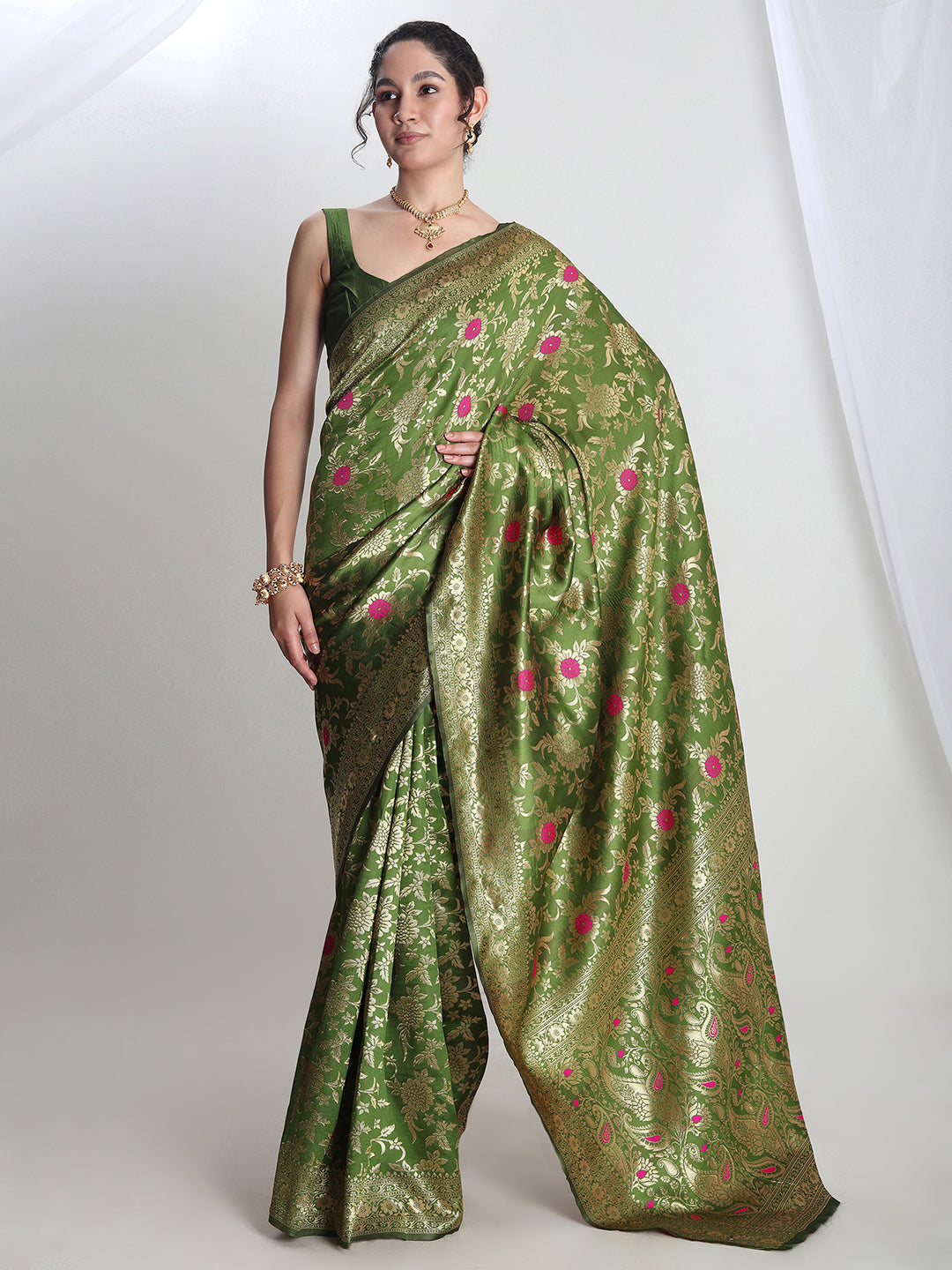 Janasya Green Silk Blend Floral Jacquard Grab2Buy 