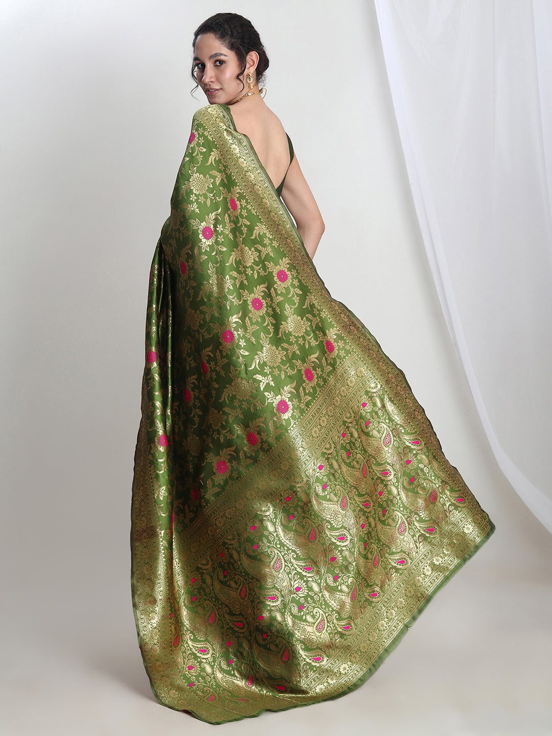 Janasya Green Silk Blend Floral Jacquard Grab2Buy 