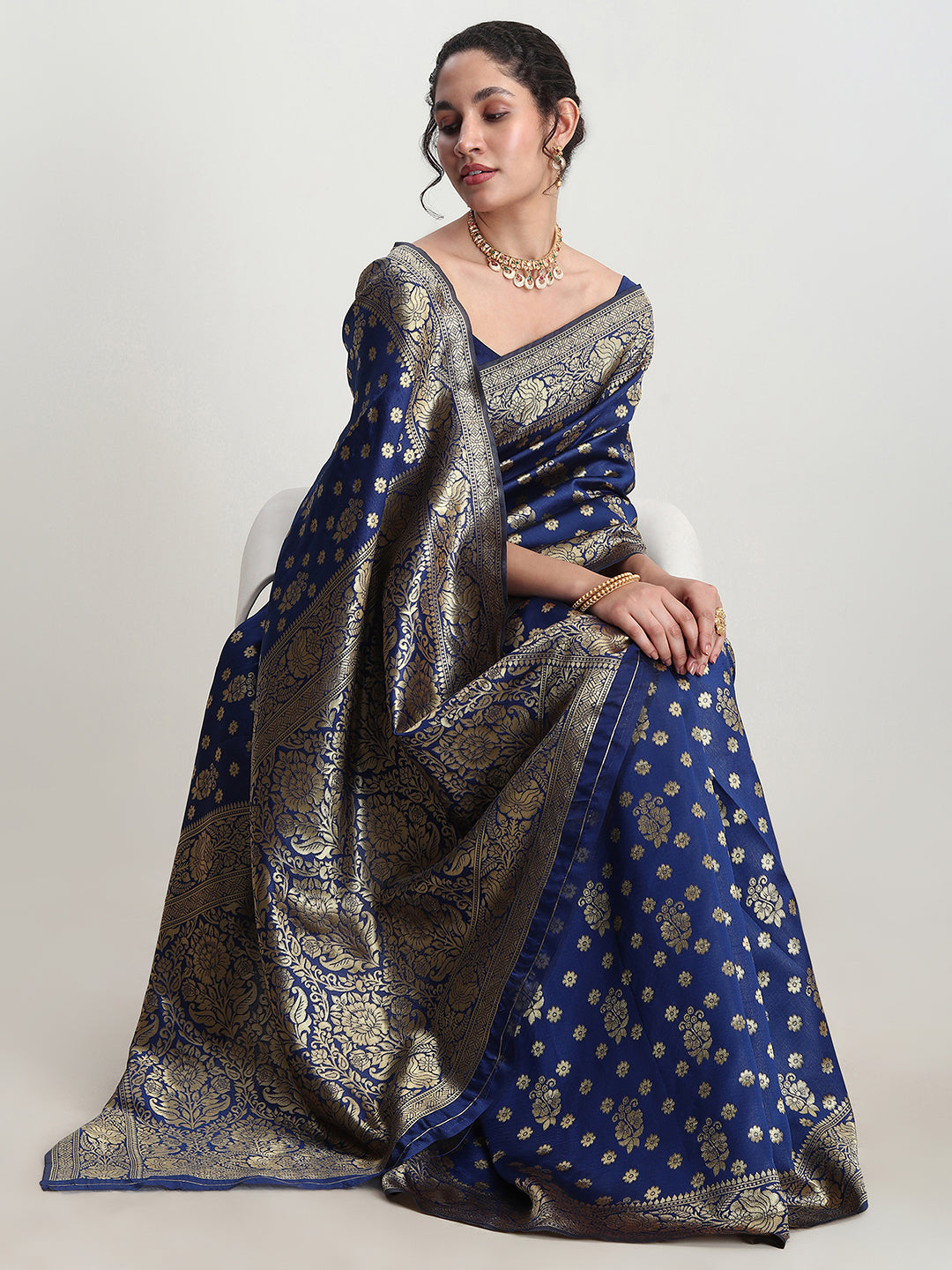 Janasya Blue Silk Blend Floral Jacquard Grab2Buy 