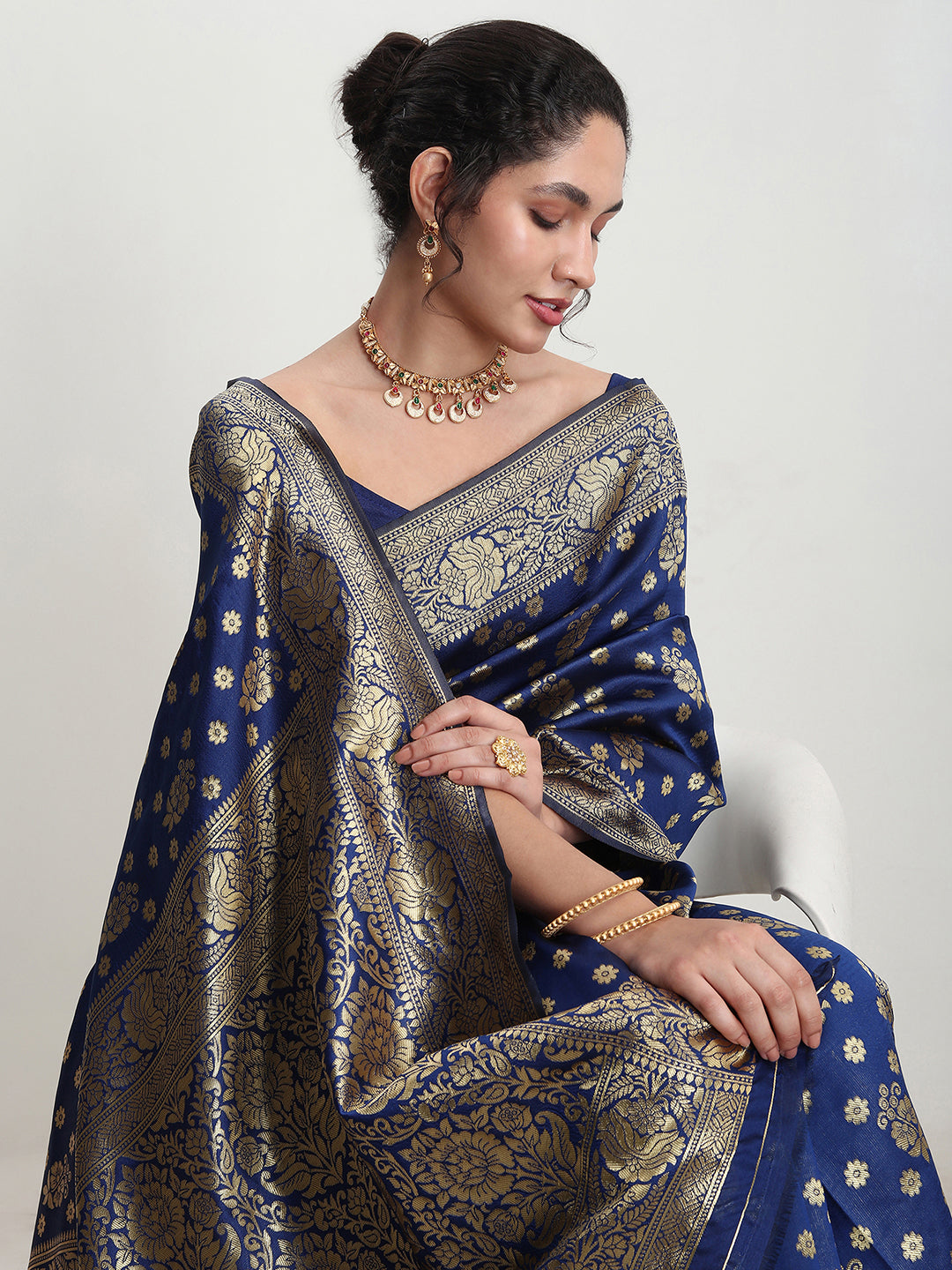 Janasya Blue Silk Blend Floral Jacquard Grab2Buy 