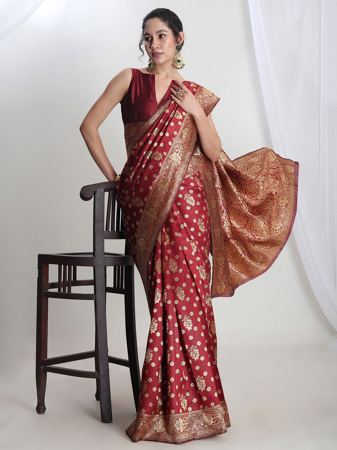 Janasya Maroon Silk Blend Floral Jacquard Grab2Buy 