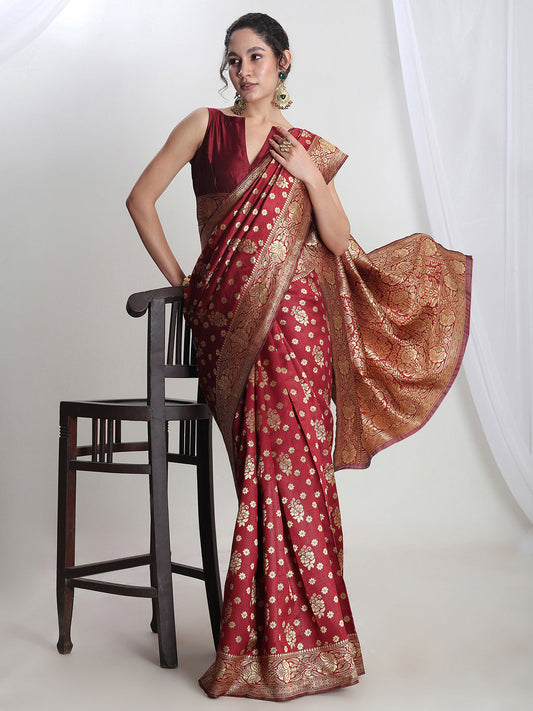 Janasya Maroon Silk Blend Floral Jacquard Grab2Buy 