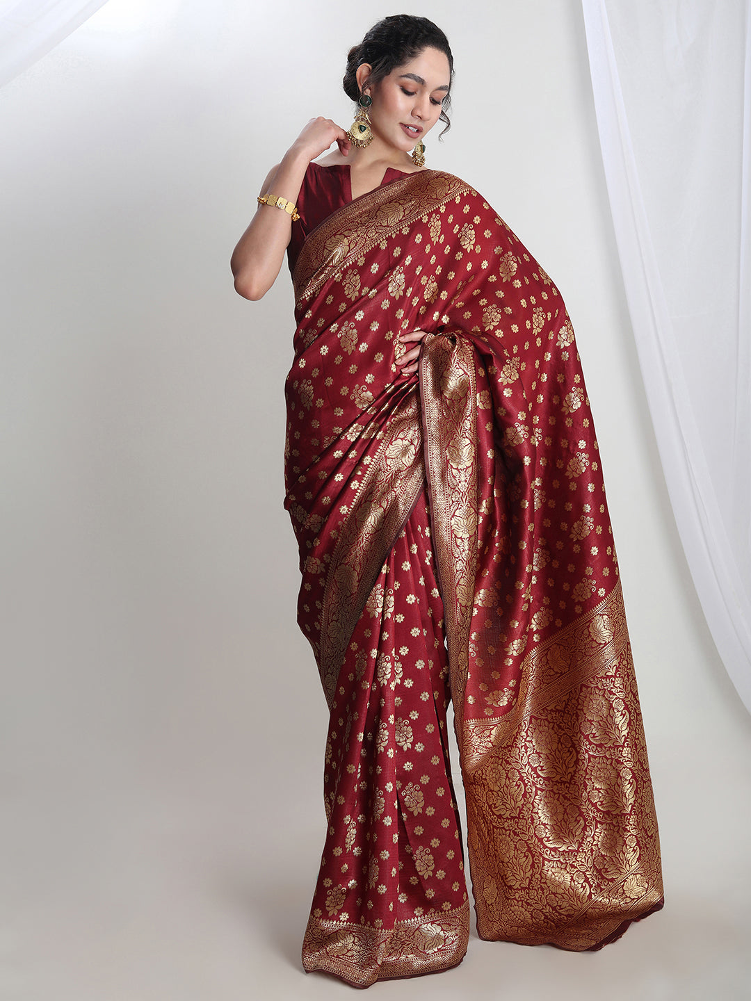 Janasya Maroon Silk Blend Floral Jacquard Grab2Buy 