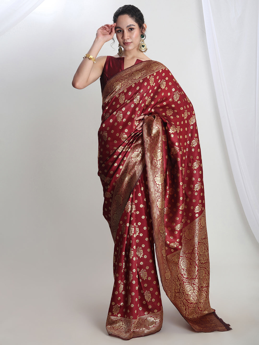Janasya Maroon Silk Blend Floral Jacquard Grab2Buy 