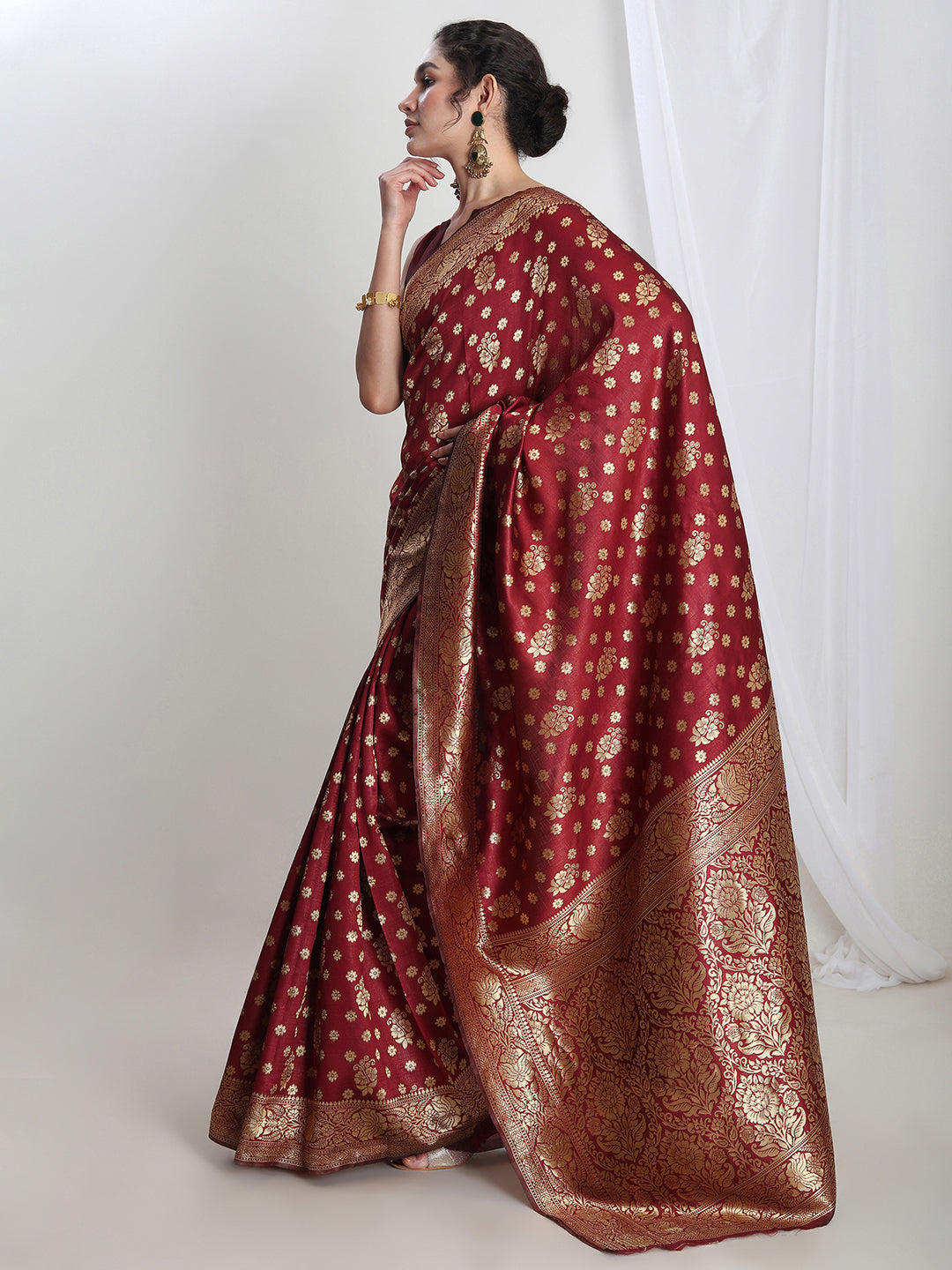 Janasya Maroon Silk Blend Floral Jacquard Grab2Buy 