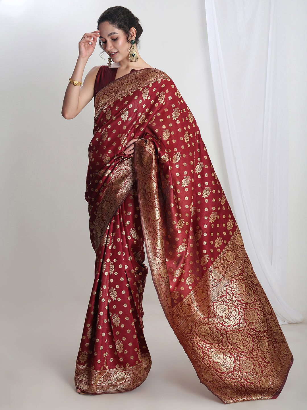 Janasya Maroon Silk Blend Floral Jacquard Grab2Buy 