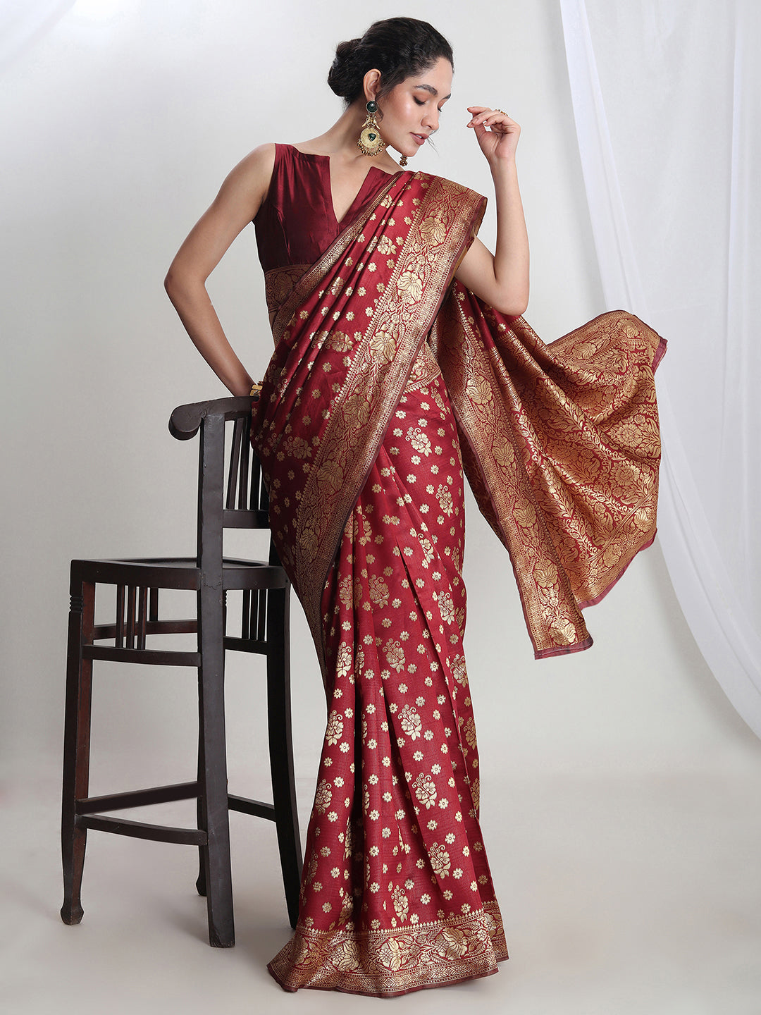 Janasya Maroon Silk Blend Floral Jacquard Grab2Buy 