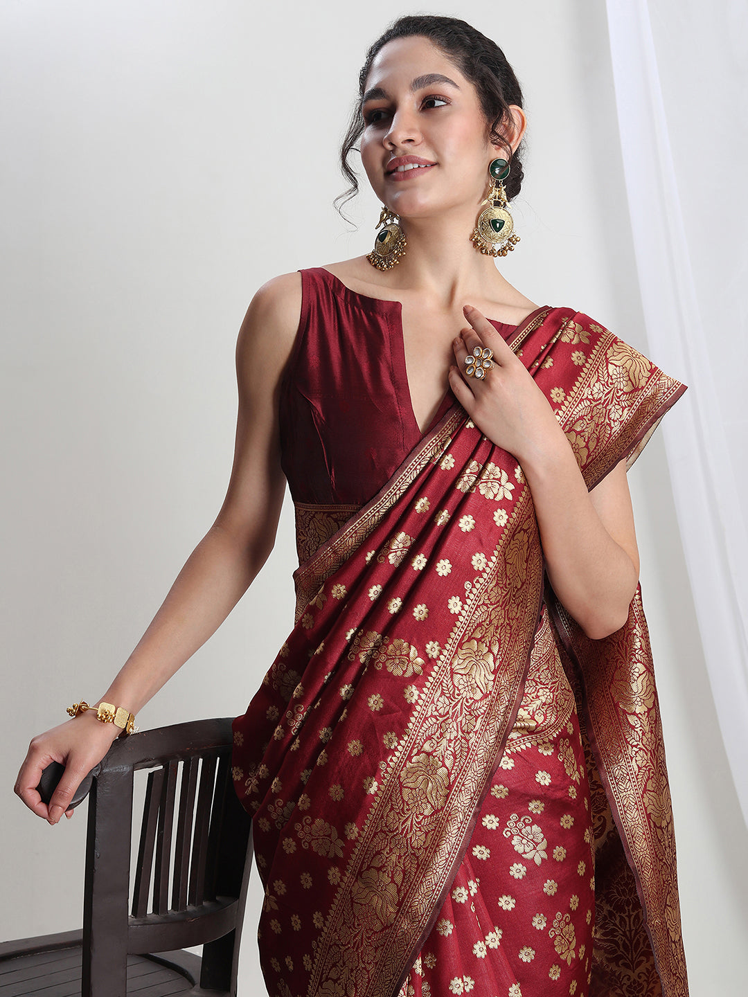 Janasya Maroon Silk Blend Floral Jacquard Grab2Buy 