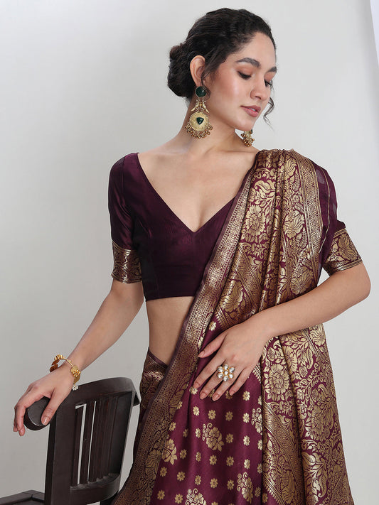 Janasya Purple Silk Blend Floral Jacquard Grab2Buy 