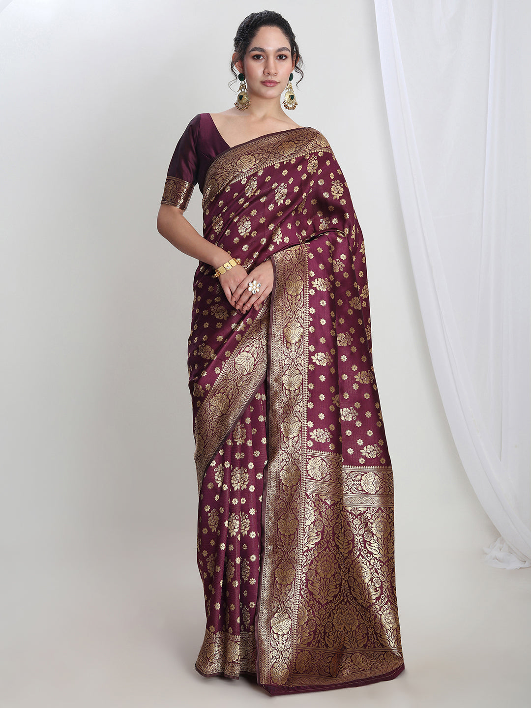 Janasya Purple Silk Blend Floral Jacquard Grab2Buy 