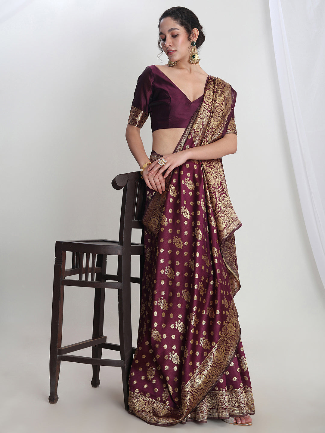 Janasya Purple Silk Blend Floral Jacquard Grab2Buy 