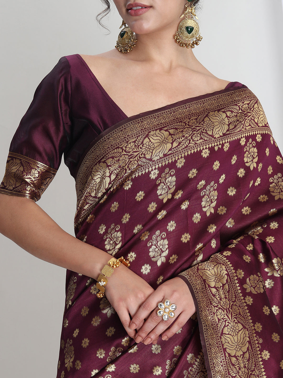 Janasya Purple Silk Blend Floral Jacquard Grab2Buy 