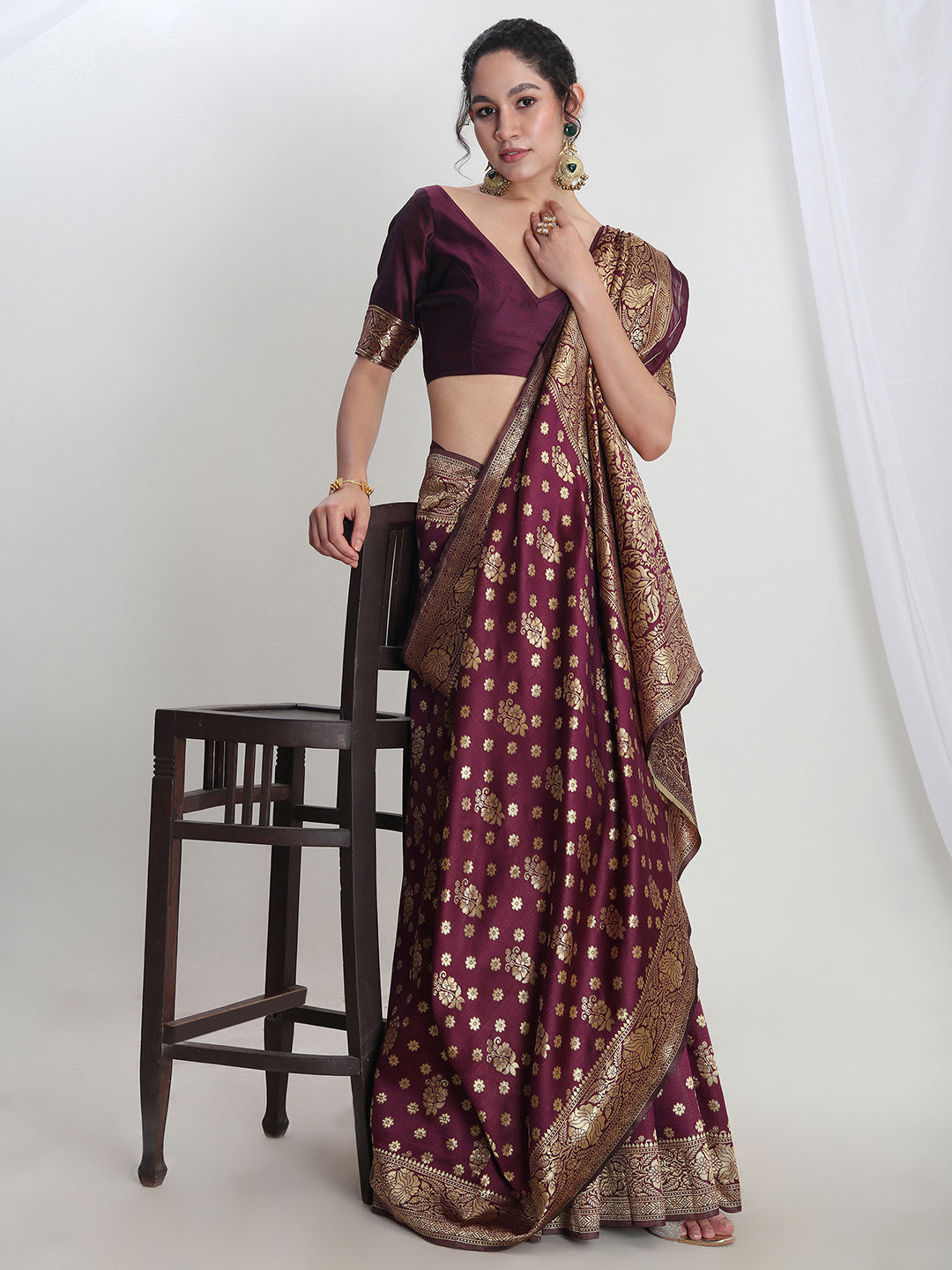 Janasya Purple Silk Blend Floral Jacquard Grab2Buy 