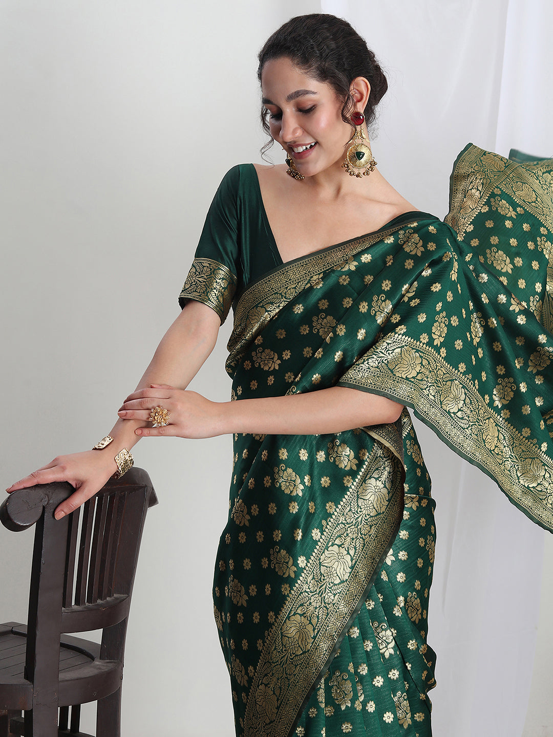 Janasya Green Silk Blend Floral Jacquard Grab2Buy 