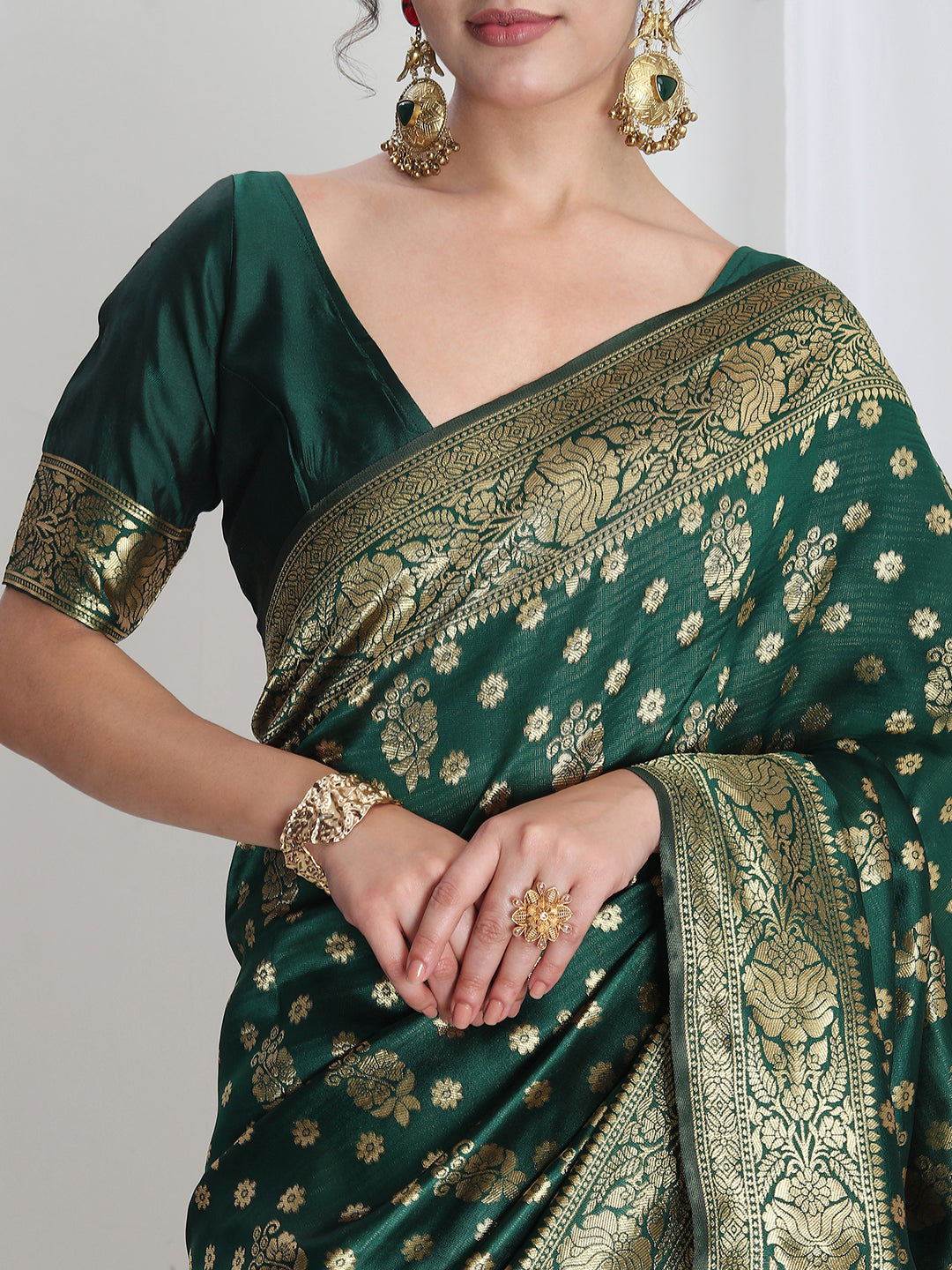 Janasya Green Silk Blend Floral Jacquard Grab2Buy 
