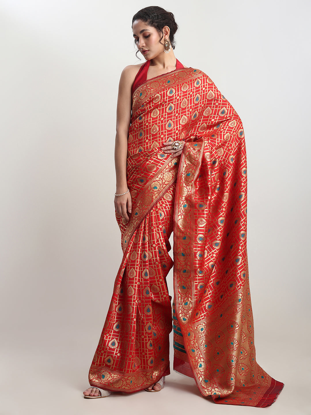 Janasya Red Silk Blend Ethnic Motifs Jacquard Grab2Buy 