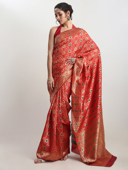 Janasya Red Silk Blend Ethnic Motifs Jacquard Grab2Buy 