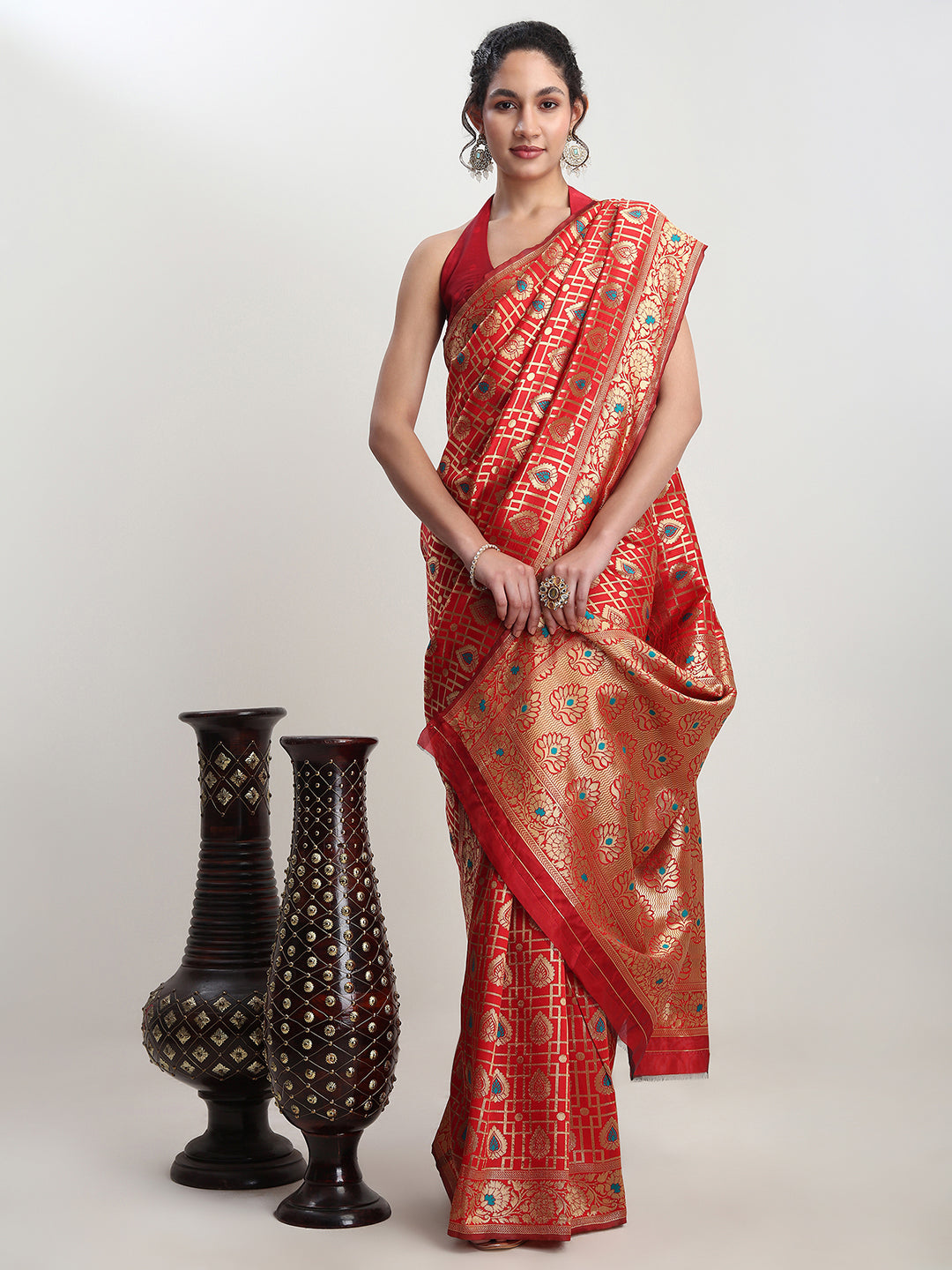 Janasya Red Silk Blend Ethnic Motifs Jacquard Grab2Buy 