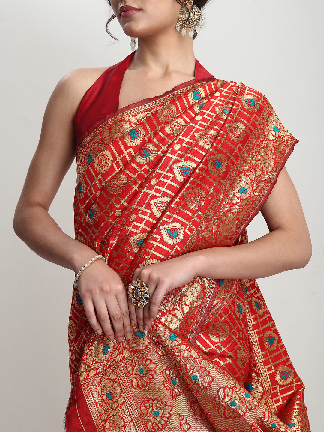 Janasya Red Silk Blend Ethnic Motifs Jacquard Grab2Buy 