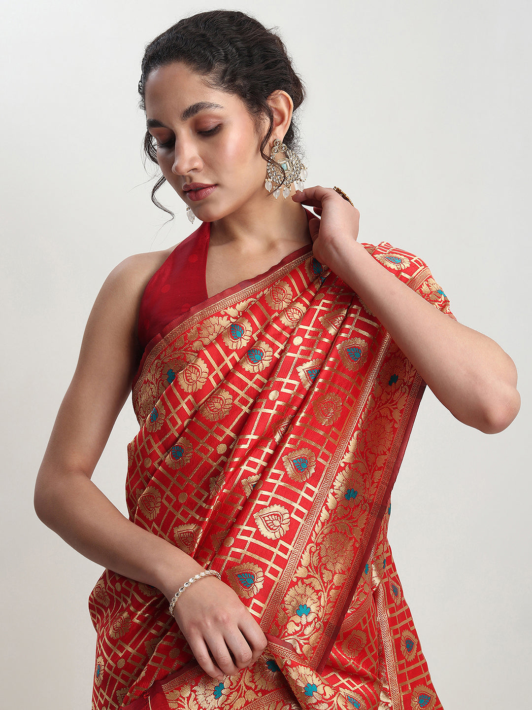 Janasya Red Silk Blend Ethnic Motifs Jacquard Grab2Buy 