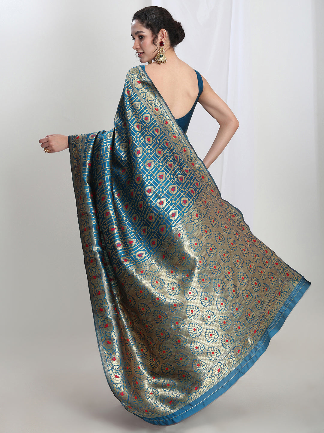 Janasya Teal Blue Silk Blend Ethnic Motifs Jacquard Grab2Buy 