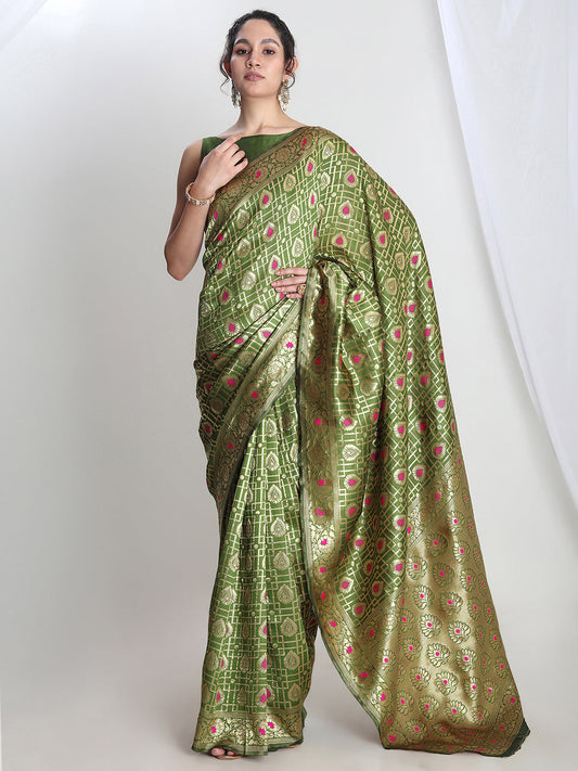 Janasya Green Silk Blend Ethnic Motifs Jacquard Grab2Buy 