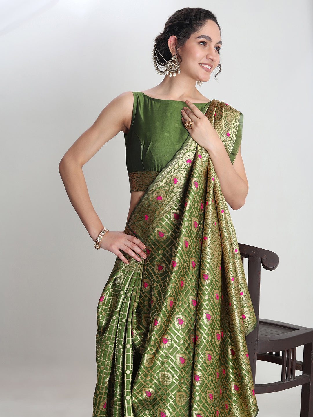 Janasya Green Silk Blend Ethnic Motifs Jacquard Grab2Buy 