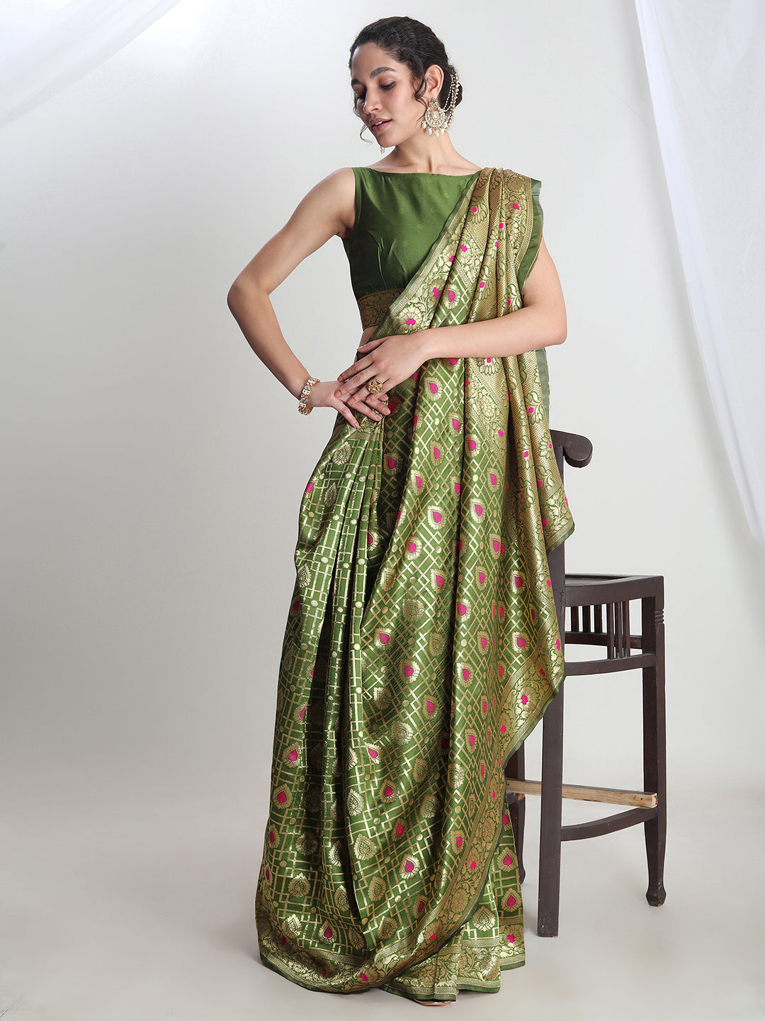 Janasya Green Silk Blend Ethnic Motifs Jacquard Grab2Buy 