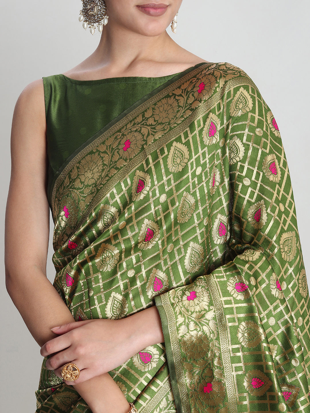 Janasya Green Silk Blend Ethnic Motifs Jacquard Grab2Buy 