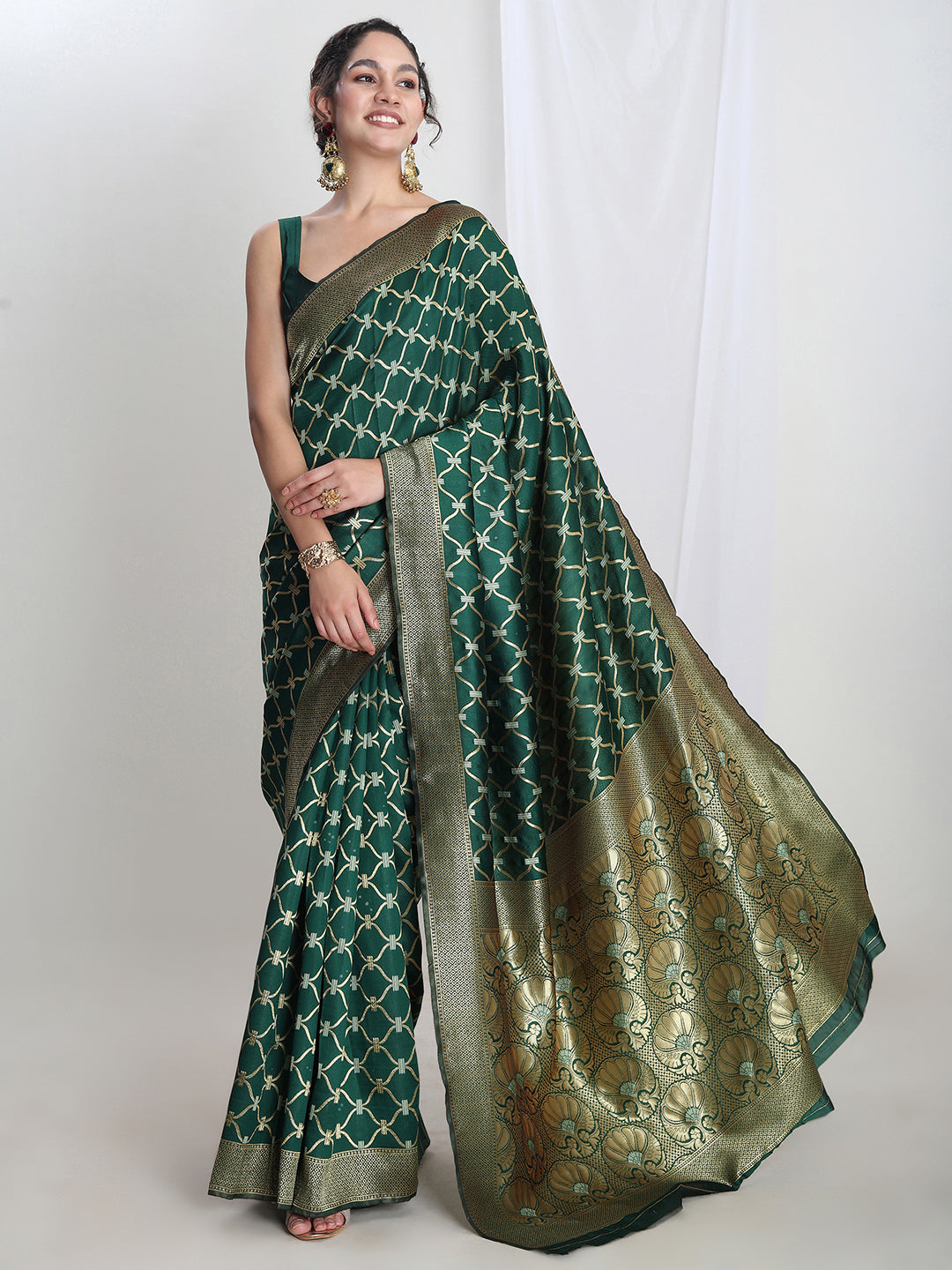 Janasya Green Silk Blend Ethnic Printed Jacquard Grab2Buy 